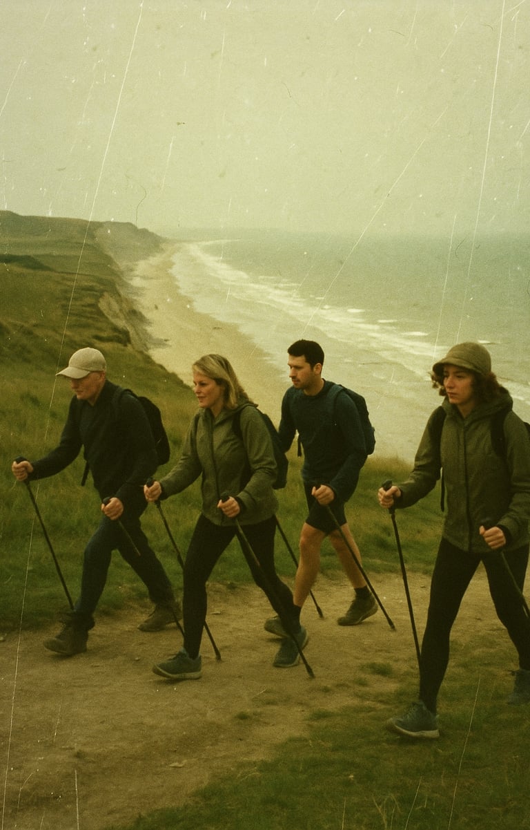 Un groupe d'amis fait de la marche nordique pour la journée nationale de la marche nordique.