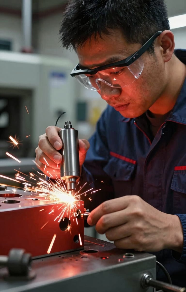 Portrait-oriented close-up of a skilled technician inspecting a freshly cut metal part, wearing safety glasses, focused expression, industrial workshop background with blurred machinery, dramatic backlighting, clean and professional.