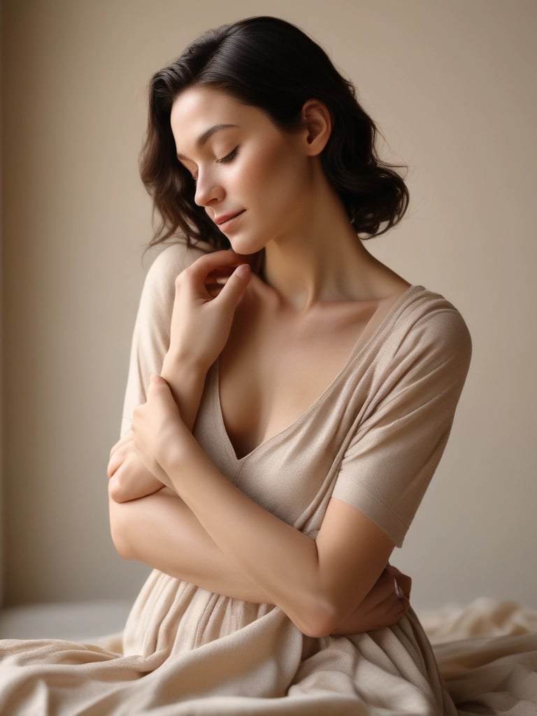 A close-up of a woman smiling gently, bathed in warm pink light, embodying self-love.