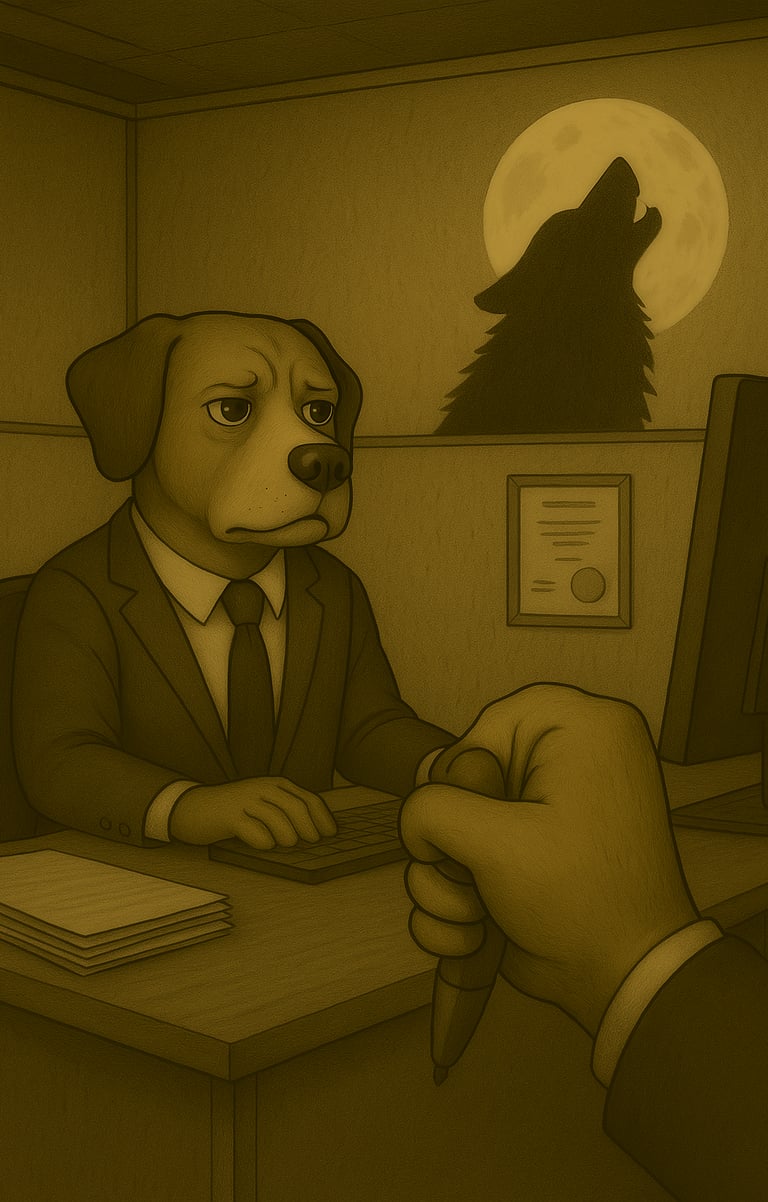 Ilustración de un perro con traje de oficinista sentado en su cubículo, con una expresión triste. En