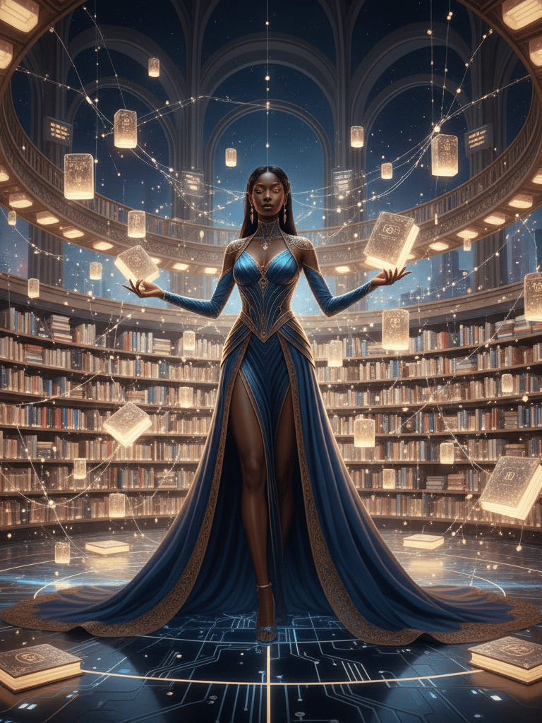 Female AI librarian organizing global knowledge best ai course