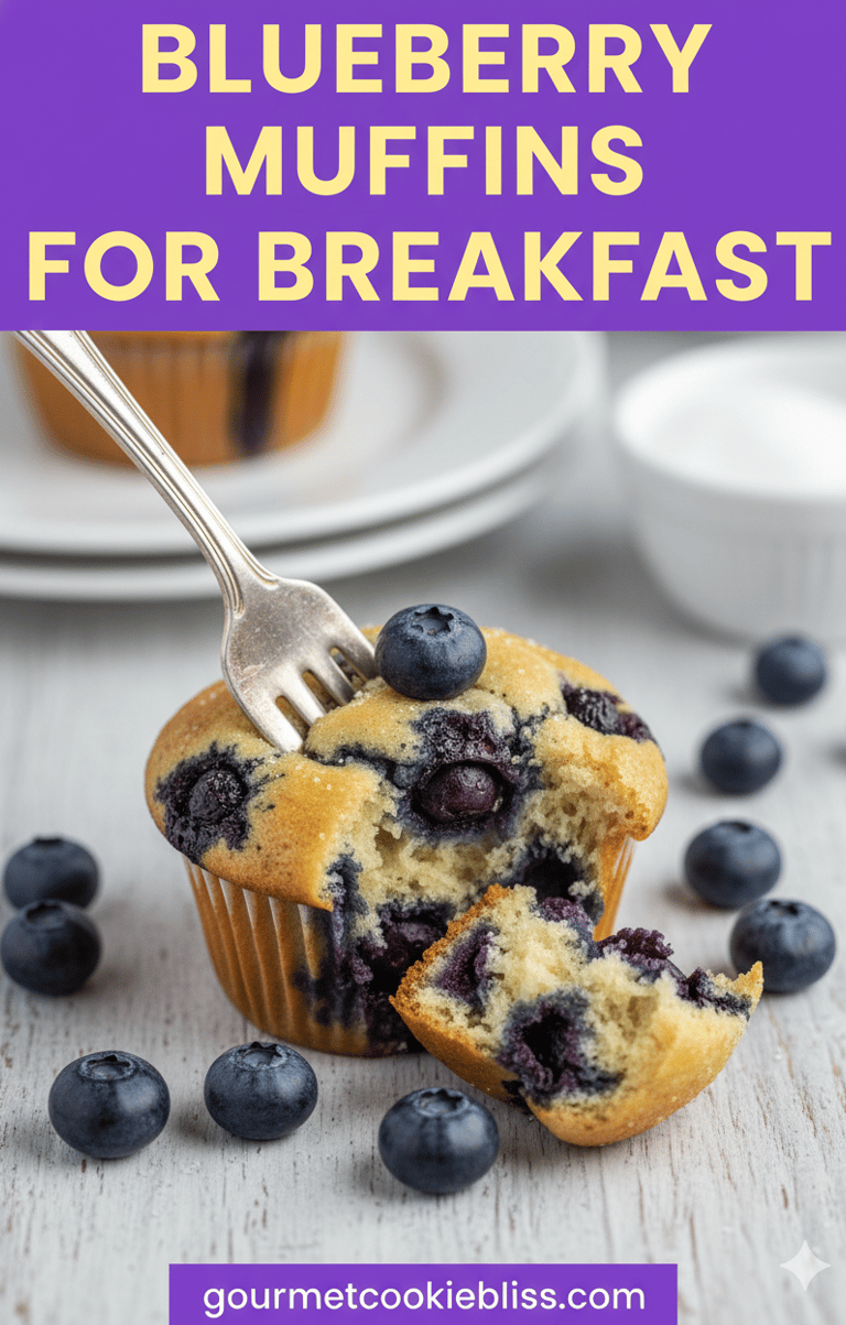 A single blueberry muffin being gently pulled apart with a fork, showing its tender crumb.