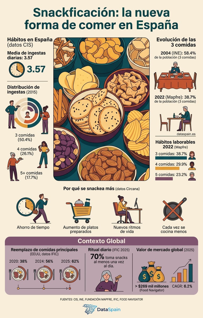 Infografía de la Snackficación: El declive de las 3 comidas tradicionales en España
