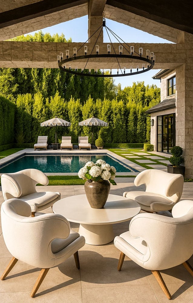 Luxurious backyard with pool featuring custom curved white armchairs by Solo Home Decor, elegant modern style