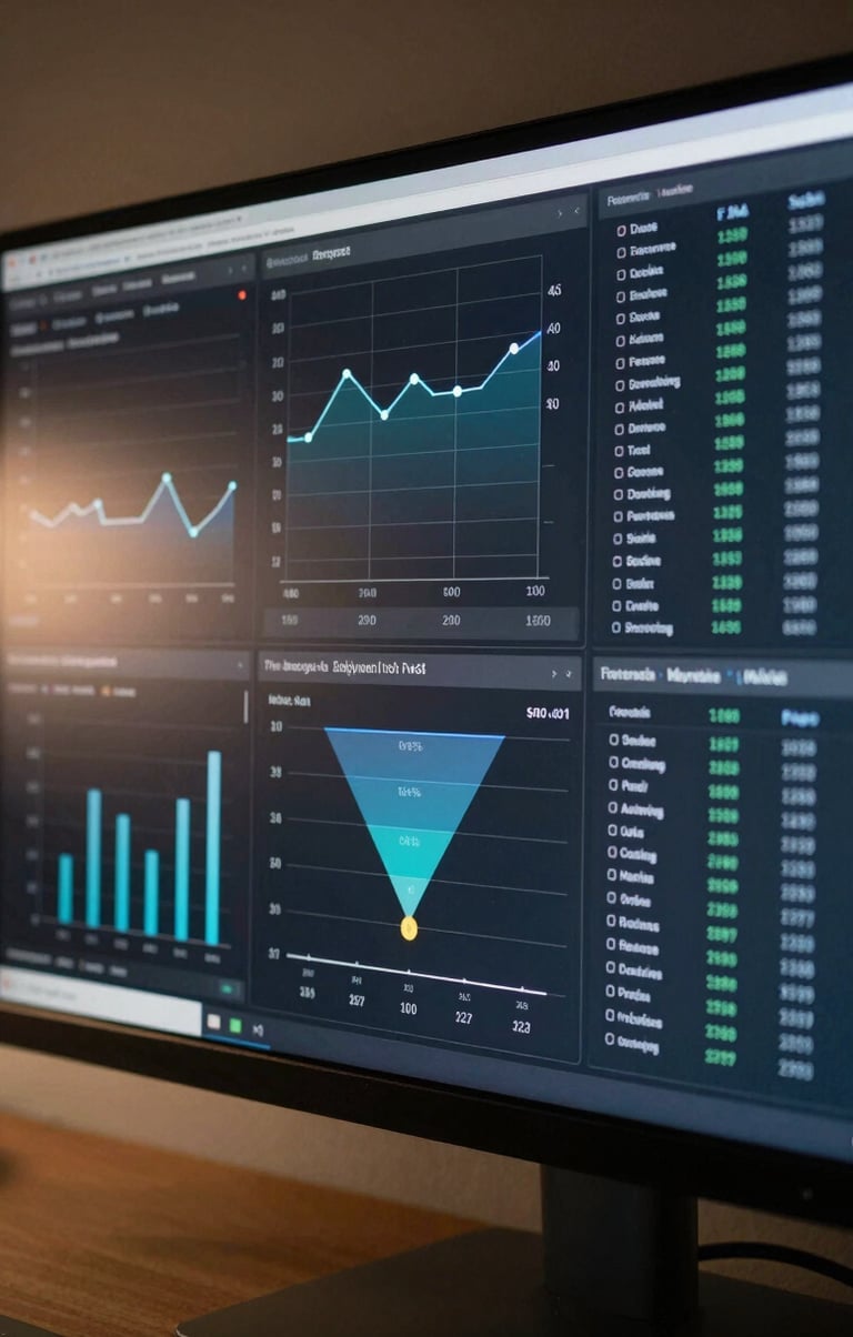 Close-up of a multi-panel analytics dashboard on a wide monitor, showing time-series revenue charts, funnel conversion metrics, and a live model inference table, even studio lighting from the left, screen glow providing the only warm tones, dark interface with teal and blue accent lines, no human subjects visible