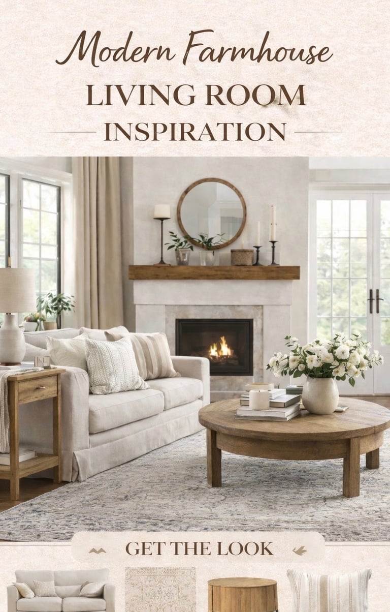 Modern farmhouse living room inspiration featuring neutral sofa, rustic wood coffee table, vintage r