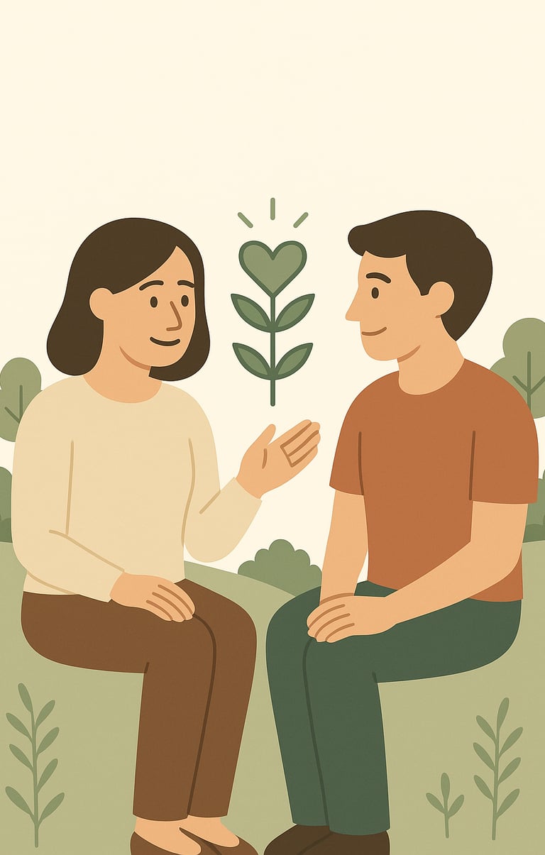 a man and woman sitting on a bench in a park