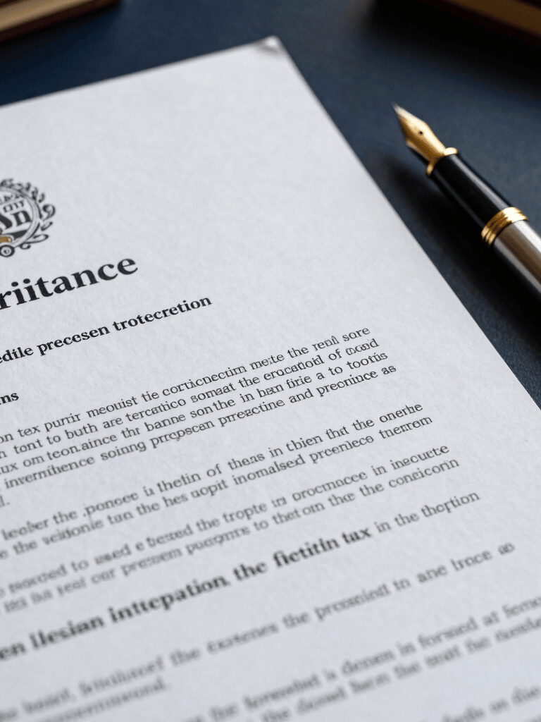 A sophisticated close-up photograph of formal legal documents regarding inheritance tax and asset protection in a British law firm. A gold-trimmed fountain pen rests on a dark navy desk surface beside the parchment. The lighting is focused and dramatic, highlighting the quality of the paper and the professionalism of the setting.