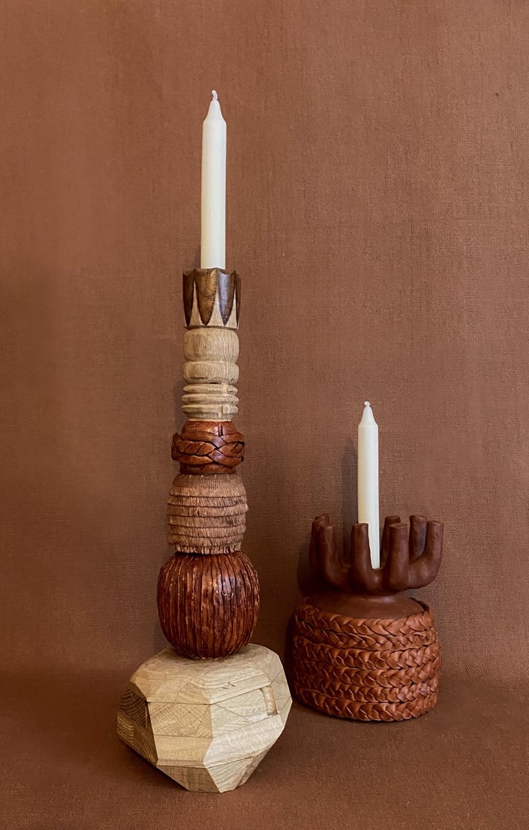 sculpture bois, terre crue , bougeoir