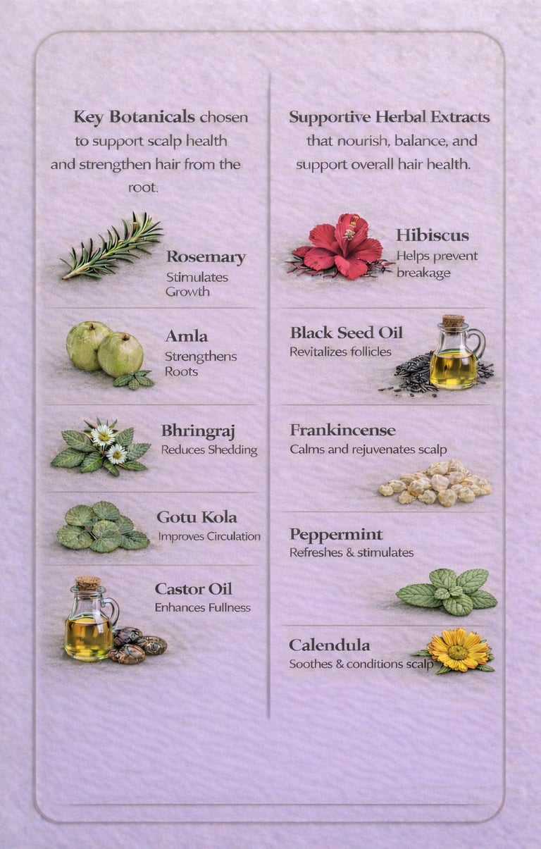 Botanical Ingredients in hail oil for thinning hair including rosemary, amla, and bhringraj 