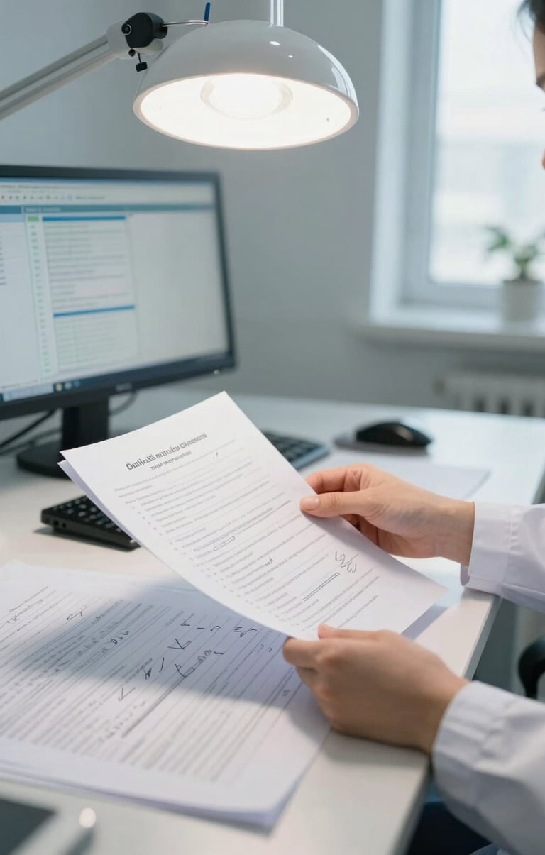 Wide environmental shot of an occupational health professional at a desk reviewing regulatory documents under clinical overhead light, documents spread across the surface with handwritten annotations visible, a computer screen in the background showing data charts, natural window light from the right side, no faces visible, professional and credible atmosphere
