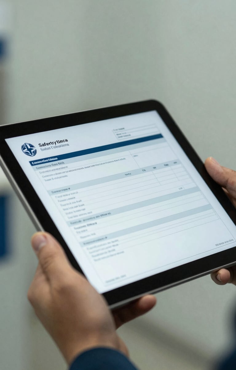 A close-up of a digital tablet displaying a technical safety inspection report, held by a hand in a South American / Brazilian industrial setting, with muted slate blue and pale misty white tones in the background.