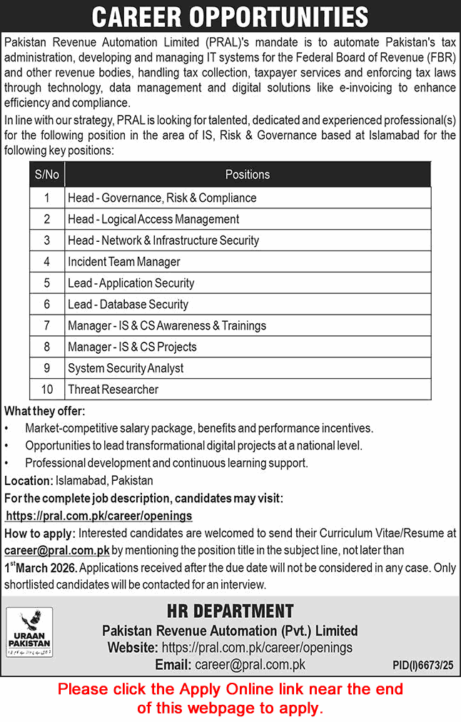 Pakistan Revenue Automation Pvt Ltd Islamabad Jobs February 2026 PRAL Latest