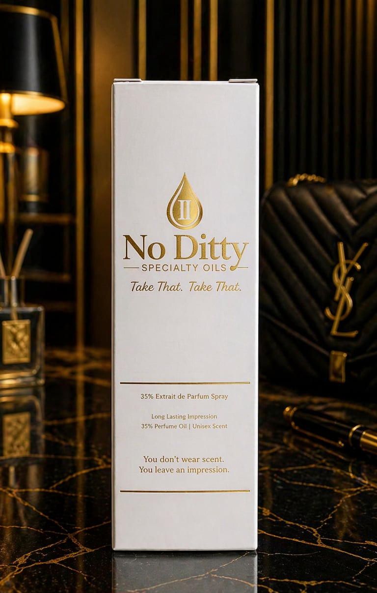 No Ditty 35% Extrait de Parfum spray and luxury gold-trimmed packaging for high-concentration fragrances.