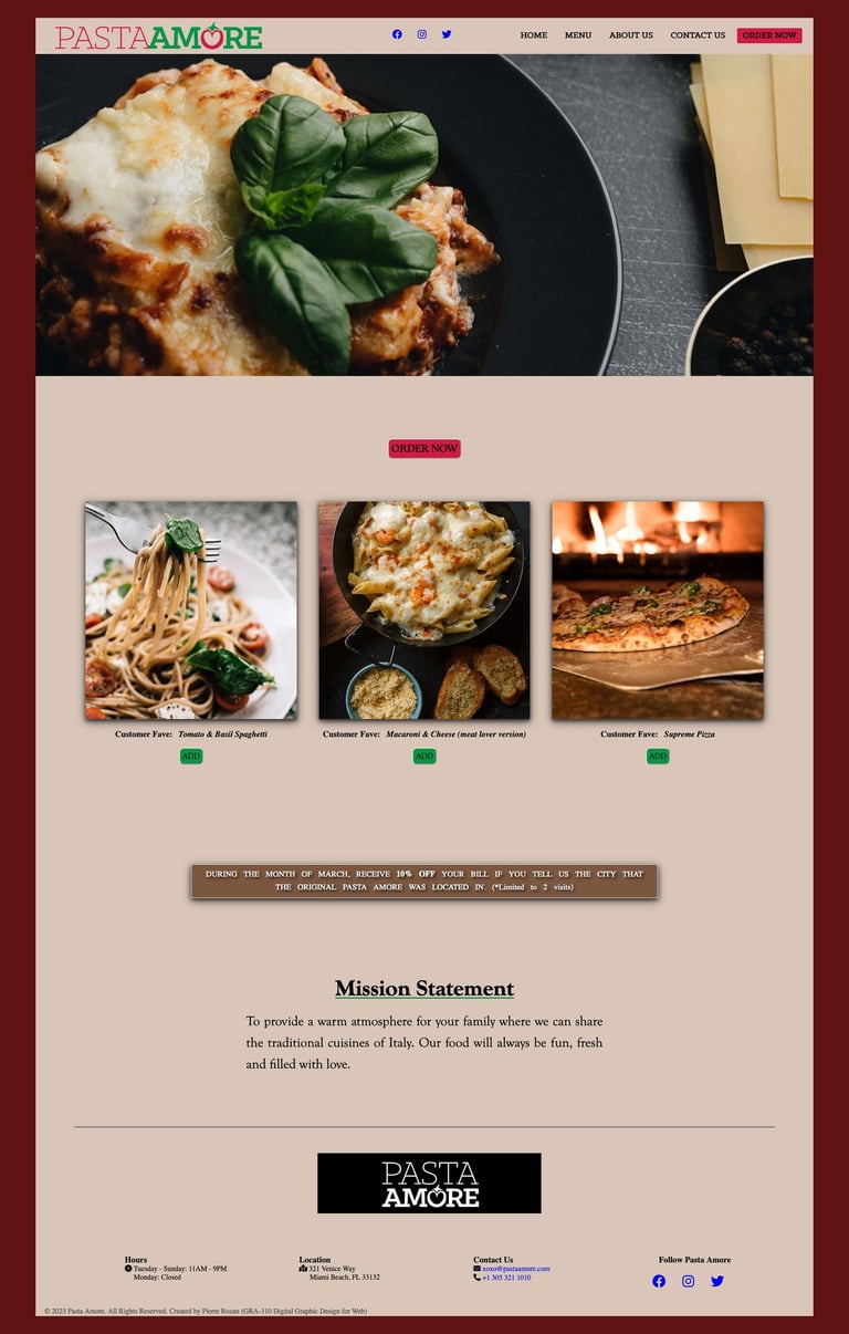 Webpage of Pasta Amore restaurant showcasing dishes, "Mission Statement" section, and footer with contact and social media.