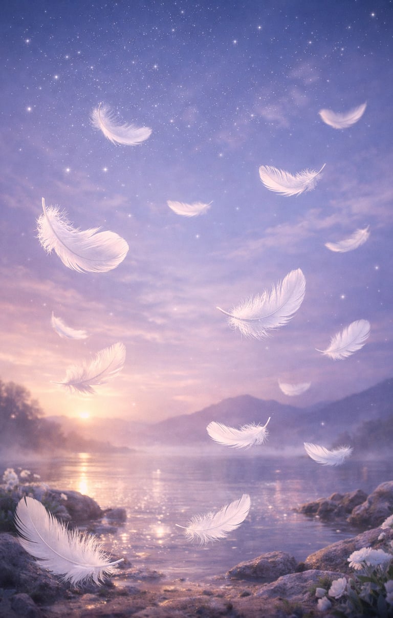 Dreamy ethereal scene with white feathers gracefully floating over a tranquil lake at sunset, surrounded by soft purple and