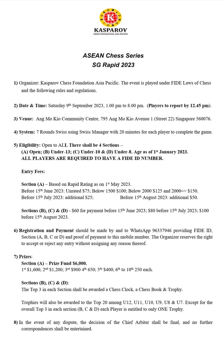 ASEAN Chess Series - SG Rapid 2023. Kasparov Chess Federation. Singapore Chess