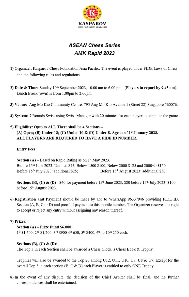 ASEAN Chess Series - AMK Rapid 2023. Kasparov Chess. Singapore Chess