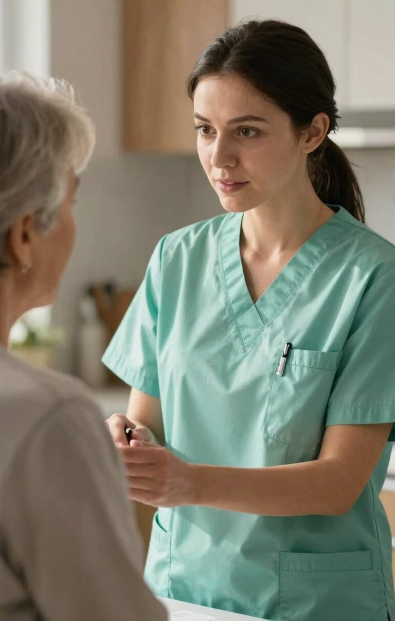 A medium close-up of a clinical nurse in soft green scrubs gently explaining a care plan to an elderly woman in a sunlit kitchen, warm natural light, shallow depth of field, authentic interaction.