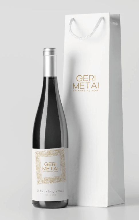 clear rowan wine label on a dark bottle and a gift bag with a logo