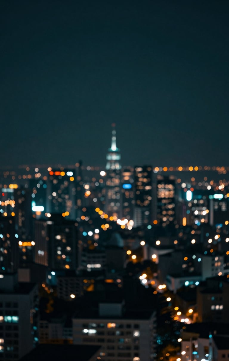 An abstract, cinematic long-exposure shot of city lights at night, dominated by deep midnight teal and muted slate blue-green tones.