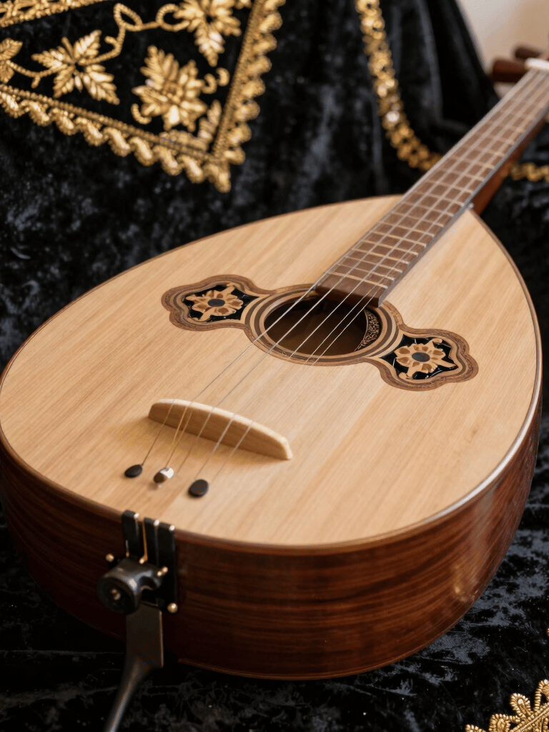 A close-up of a traditional Moroccan string instrument, an oud, resting on a dark velvet surface with gold embroidery, highlighting the intricate wood craftsmanship.