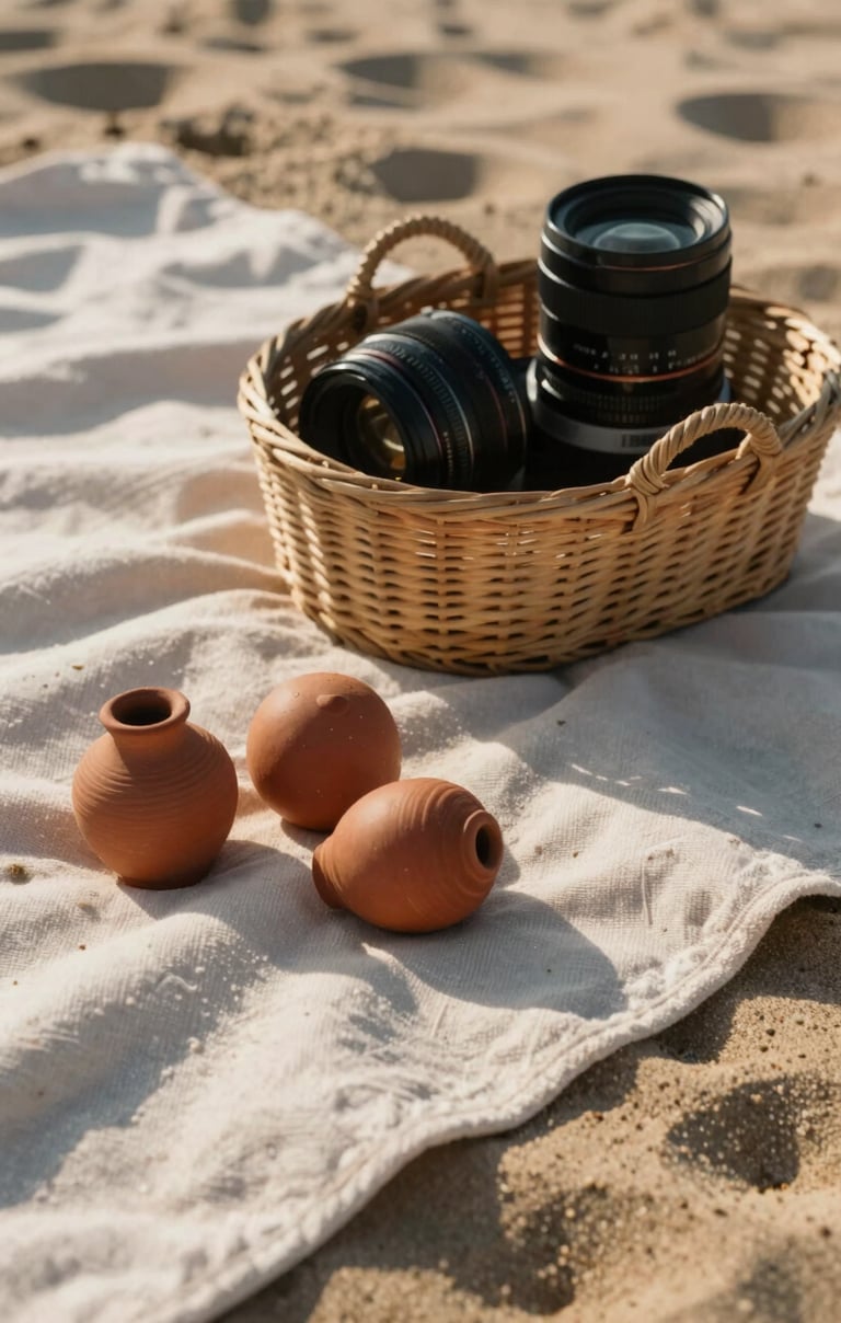 Close up of a picnic blanket on soft sand, charcoal basket and terracotta fruit, warm afternoon sun, cinematic lifestyle photography.