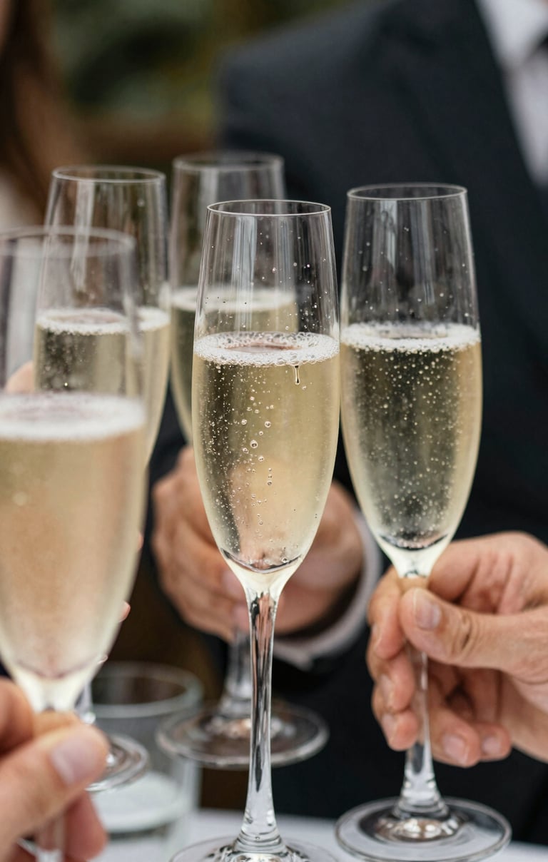 Elegant close-up of champagne glasses being raised for a toast at a North American / US event, sharp focus on the bubbles, Warm Off-white and Dark Charcoal tones.