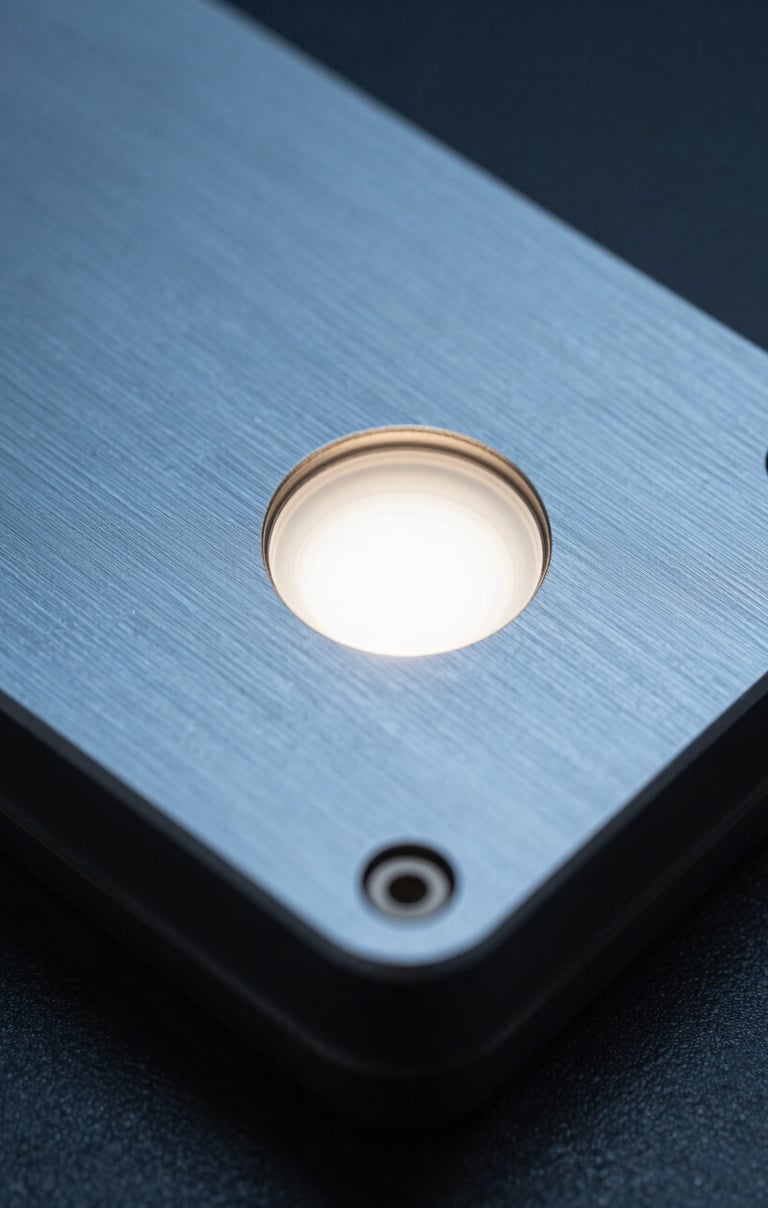A close-up of a hardware security module. The surface is brushed metal (soft steel blue) with a single focused off-white light highlighting the industrial design.