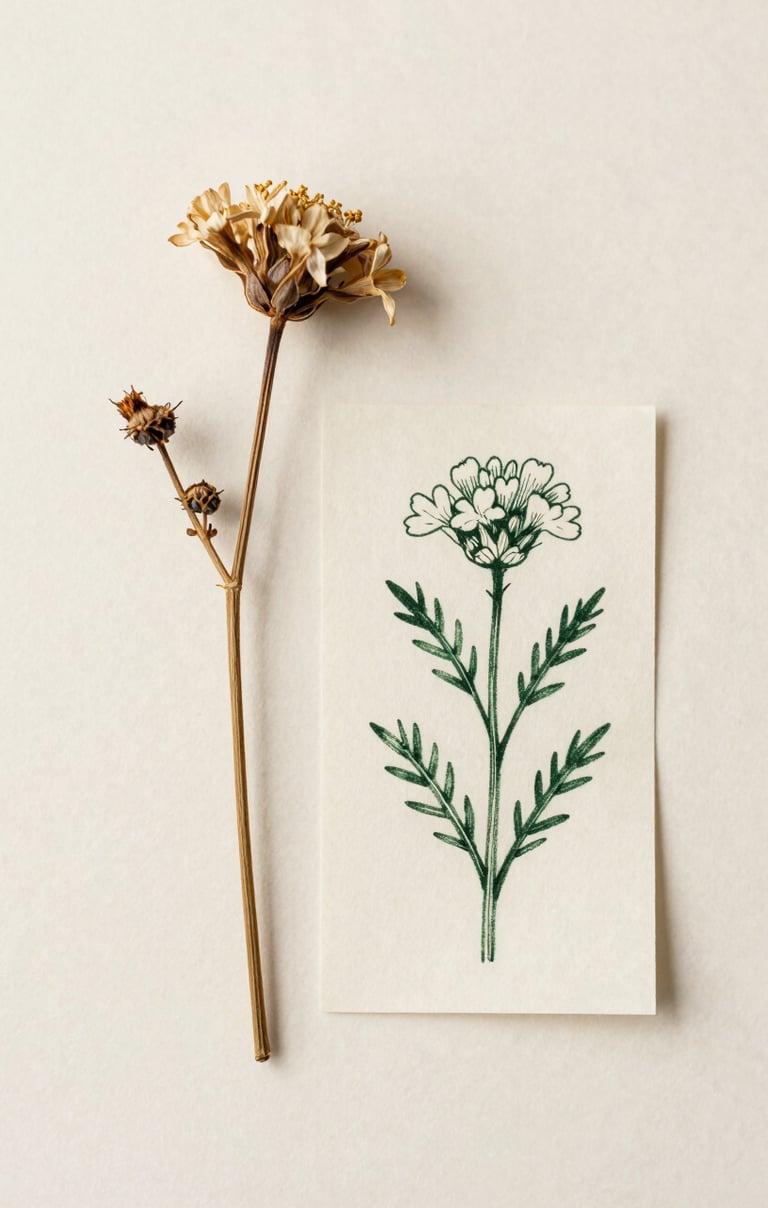 A minimalist composition on a cream background featuring a single, real dried wildflower stem placed next to its hand-drawn counterpart in dark forest green ink on a small scrap of textured paper.