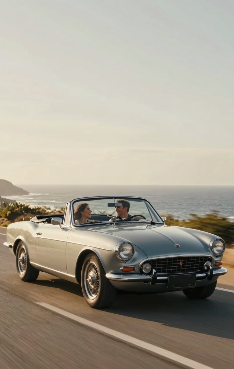 A cinematic wide shot of a vintage convertible car driving along a coastal road, a couple laughing inside. The light is soft sand and warm gold.