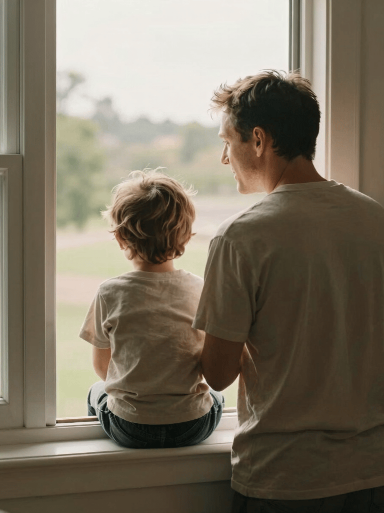 A father and child looking out of a window together in a sun-drenched North American home, cinematic backlighting, soft shadows and warm beige tones.