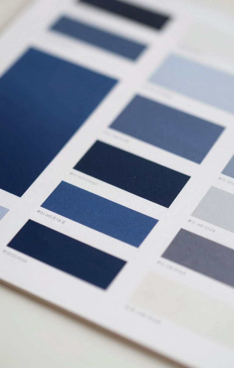 Close-up of a high-end designer's mood board showing color swatches in #1E3F66 and typography samples, soft professional studio lighting.