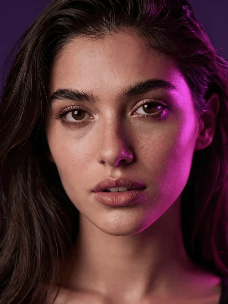 Seductive close-up photography of an elegant female model casting a mysterious look towards the camera, dramatic deep violet and magenta backlighting, luxurious adult entertainment aesthetic, Latin American / Global style.