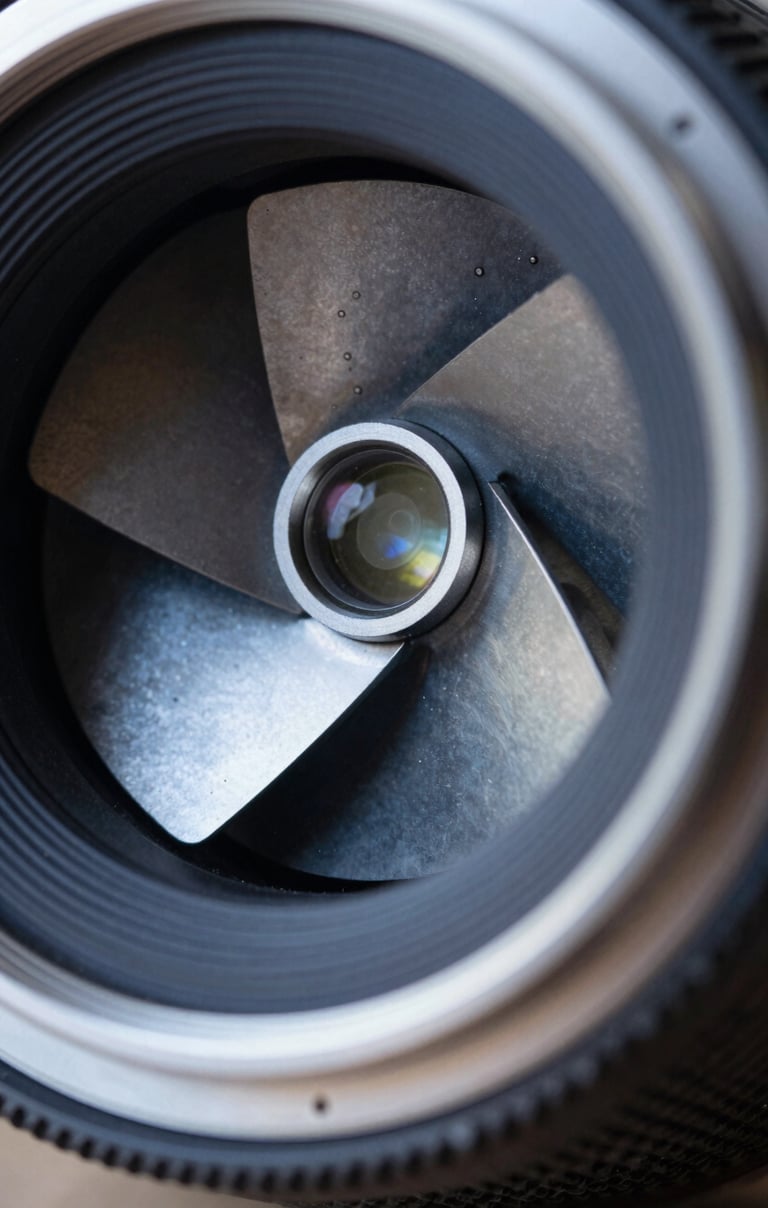 Macro photography of an aperture blade mechanism inside a lens, light silver metal against dark blue-gray shadows, industrial and technical feel.