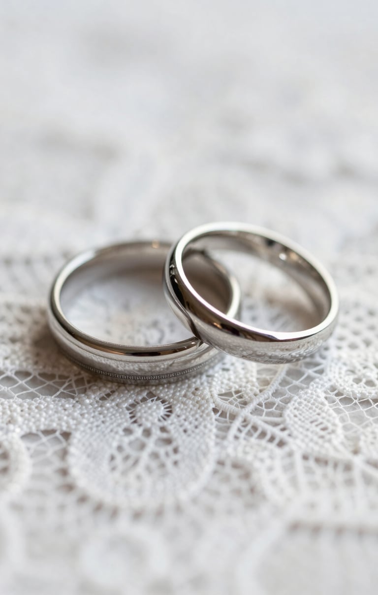 Close-up of wedding rings on a soft white lace background, professional macro photography, elegant and minimalist composition.