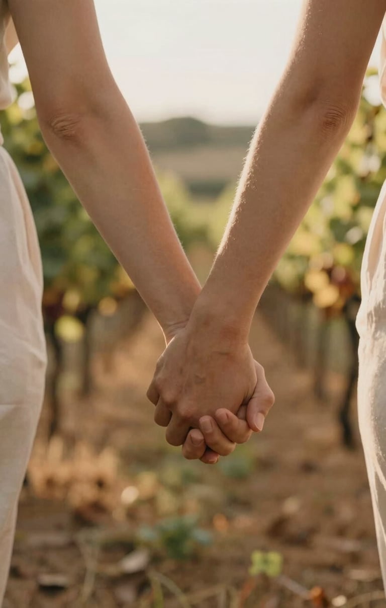 Close-up of a couple's hands intertwined, walking through a warm, sun-lit vineyard. Soft cinematic blur in the background, authentic textures, featuring warm earthy hues of #8C4C38.