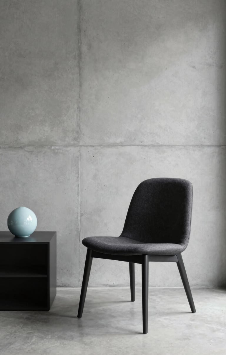 Professional photography of a minimalist interior space in São Paulo, featuring a single dark charcoal chair against a light grey concrete wall. A subtle baby blue decorative object sits on a side table. Soft, natural light creates elegant shadows.