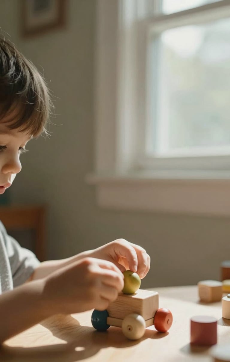 A candid close-up of a child playing with a wooden toy in a North American / US home. Sun-drenched window light, soft sand colored walls, authentic and warm atmosphere.
