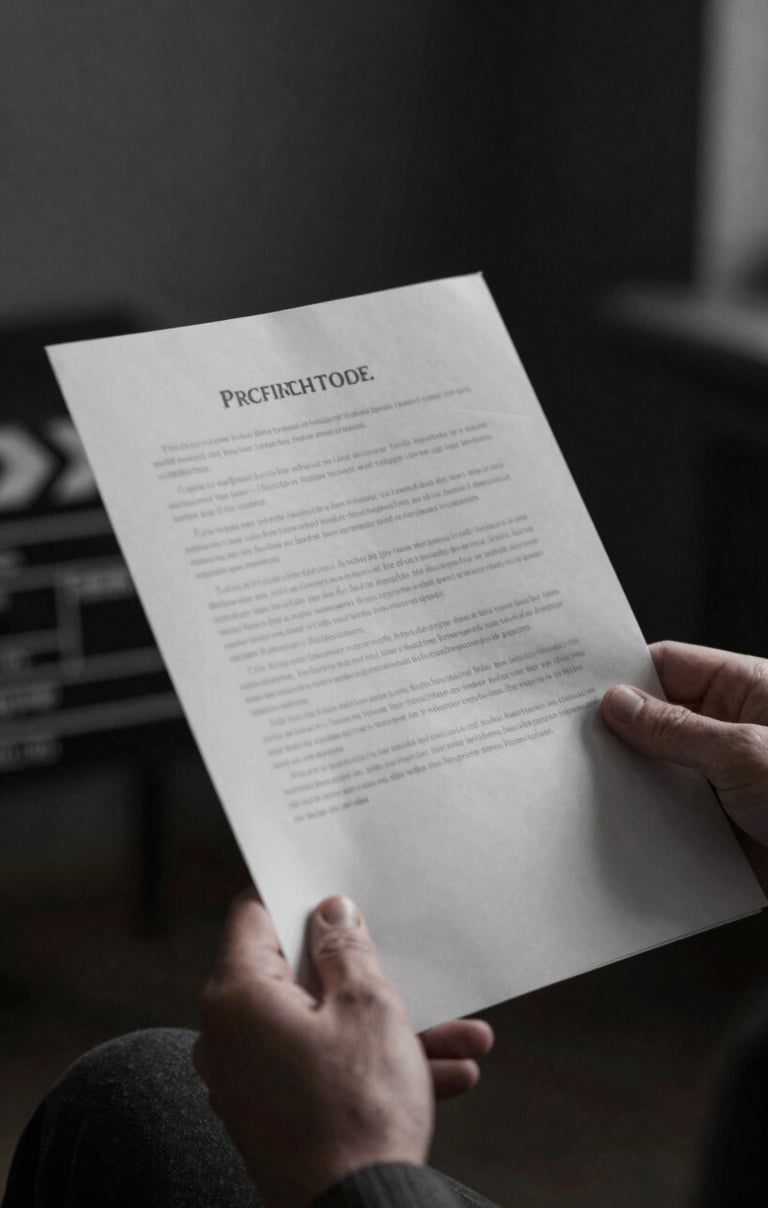 An actor's hand holding a film script, shot in a moody #333333 interior, soft focus #A8A8A8 light hitting the paper, cinematic film grain, minimalist composition.
