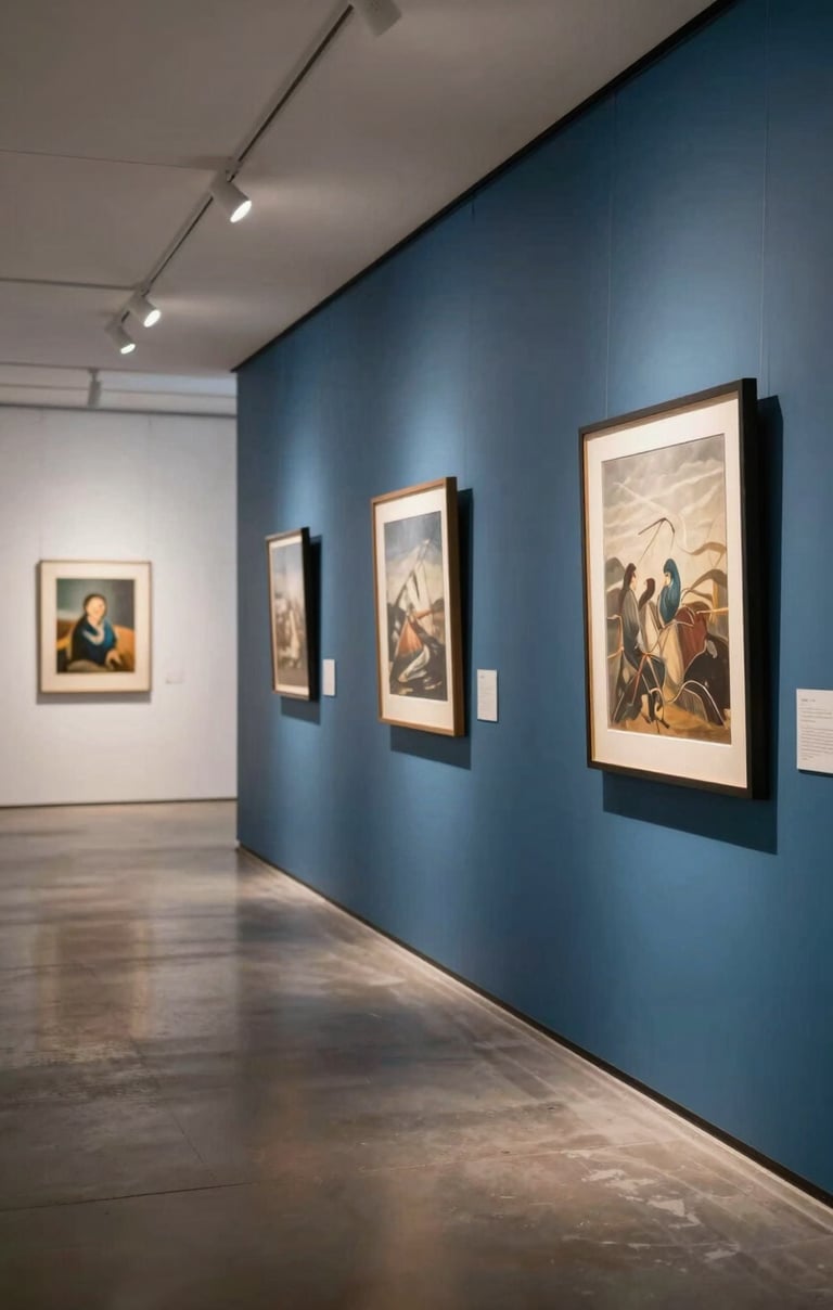 A photograph of a modern North American / US art gallery hallway with steel blue walls and warm, focused spotlighting.