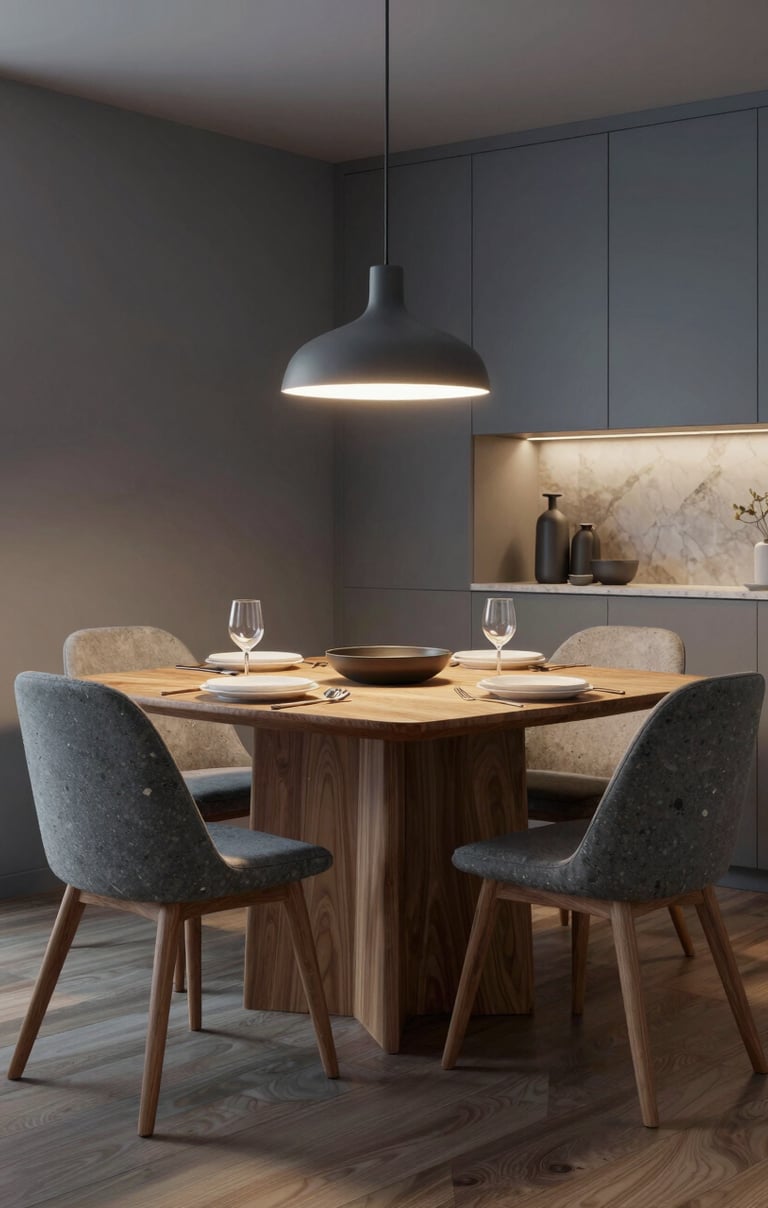 A stunning 3D visualization of a modern dining area. Warm ambient lighting, Northern European furniture, photorealistic textures of wood and stone, soft grey-blue color palette.