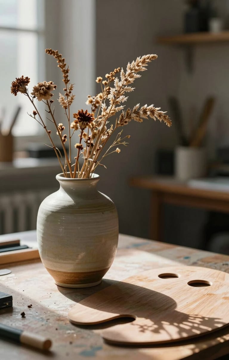 Close-up of a ceramic vase holding dried wildflowers next to a wooden artist's palette, with natural morning light creating soft shadows in a contemporary North American studio.