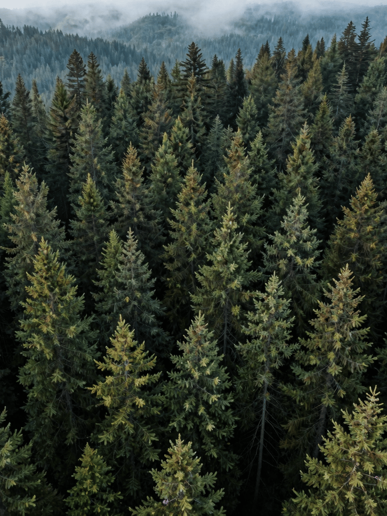 An aerial perspective of a dense pine forest in the North American / US Pacific Northwest, misty teal gray atmosphere, serene and vast composition, sophisticated nature photography.