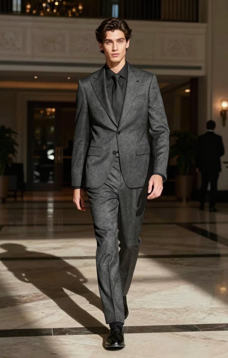 A luxury fashion model in a charcoal gray suit walking through a grand North American / US hotel lobby, dramatic side lighting creating deep obsidian black shadows, sophisticated artistic atmosphere.