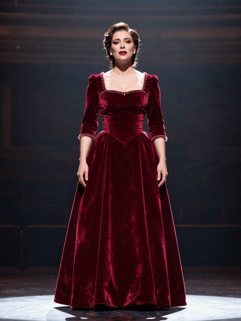A professional production photo of a mezzo-soprano performer on stage in a North American theater, wearing a deep red velvet period gown, captured in a dramatic spotlight.