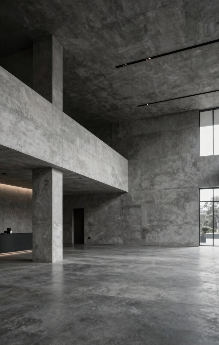 Interior view of a minimalist concrete lobby with high ceilings and industrial lighting, emphasizing sharp lines and the #2F2E2E dark palette, elegant and professional mood.