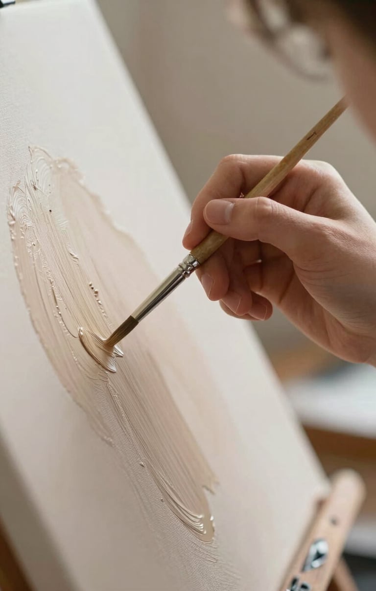Detailed close-up of a young person's hand holding a fine paintbrush, applying a delicate stroke of beige oil paint to a canvas, soft natural light.