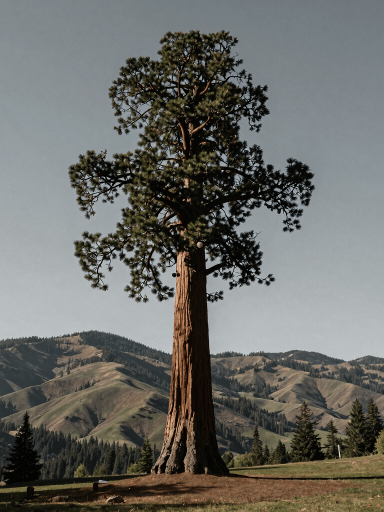 High-altitude shot of a sequoia tree standing like a sentinel above a park in the North American Pacific Northwest. The background shows Eugene's rolling hills under a slate gray sky. Serene and majestic mood.