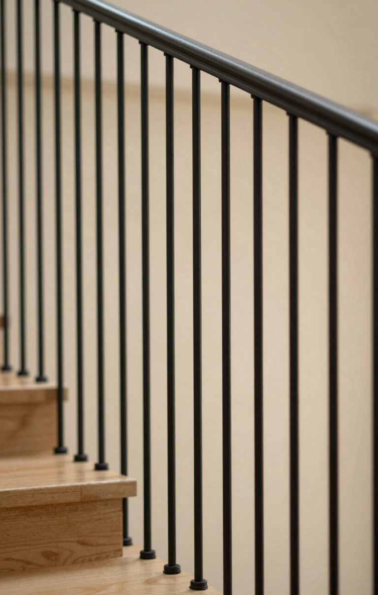 A close-up photograph of a minimalist railing system made of slim, matte black steel rods. The railing follows the curve of a light wood staircase. The lighting is soft and natural, emphasizing the industrial elegance and warm minimalism of the design.